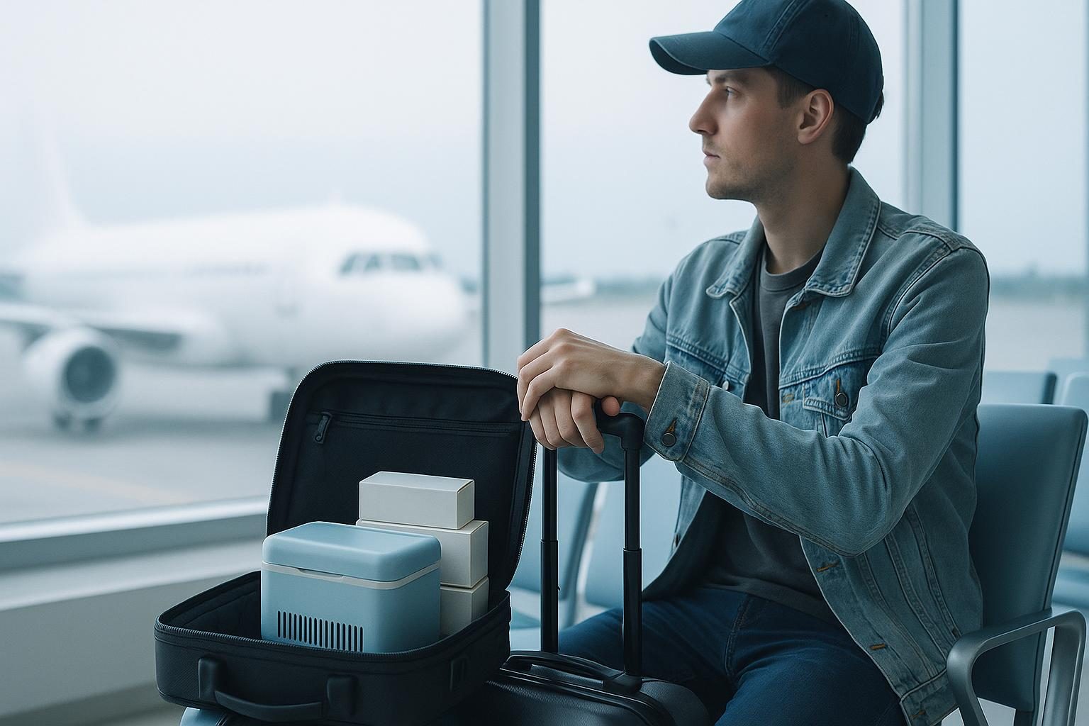 Reiziger met een medicijnkoeler in de handbagage bij de gate op een vliegveld