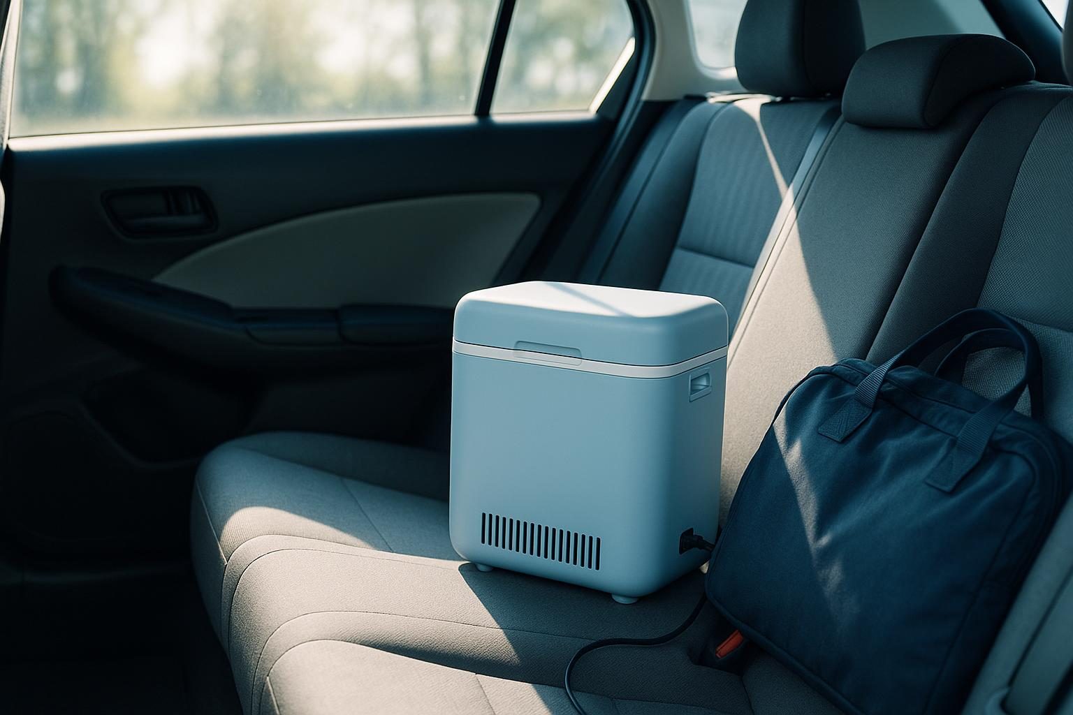 Elektrische medicijnkoelbox op de achterbank van een auto, aangesloten op de 12 volt-aansluiting