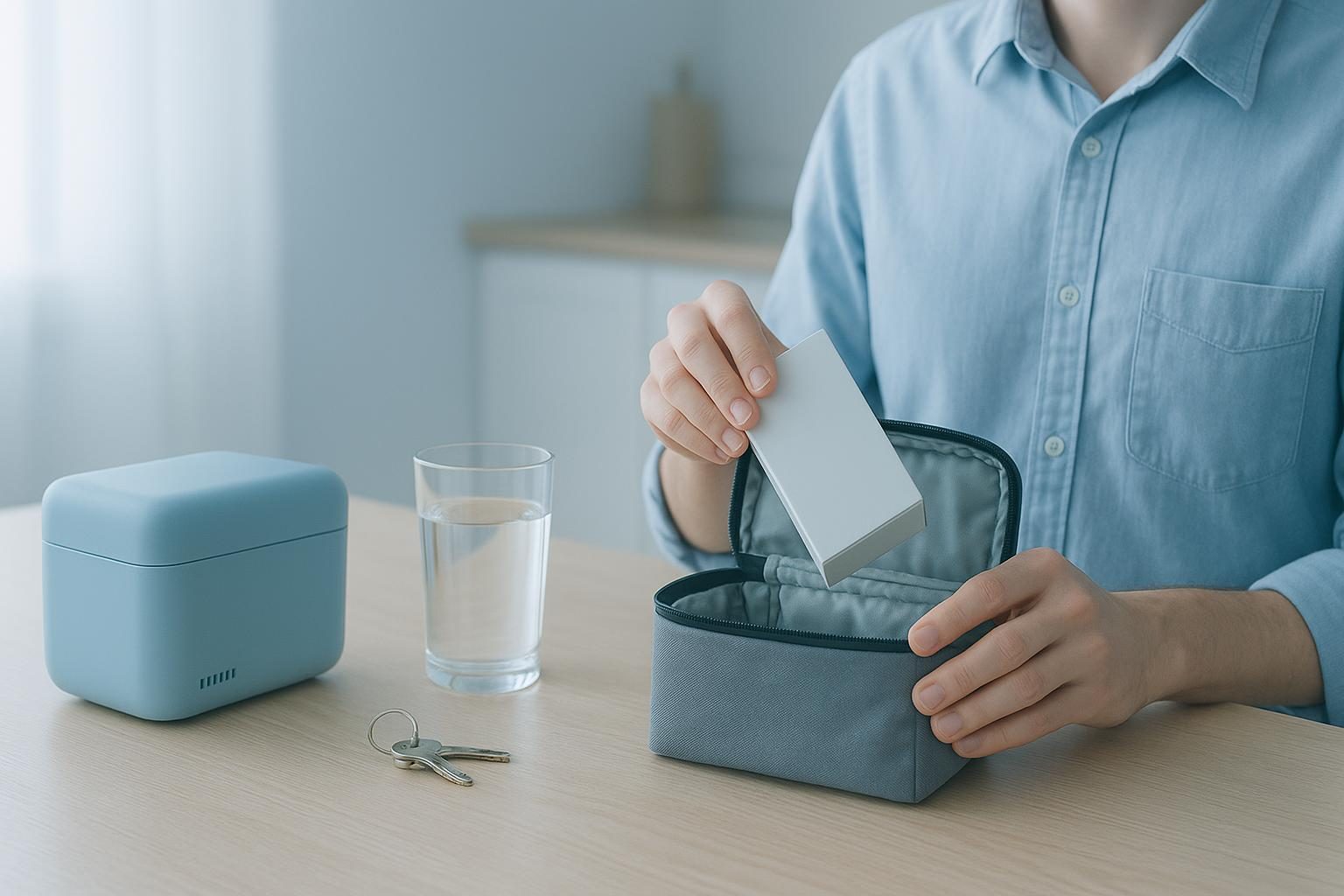 Iemand pakt aan de keukentafel een gekoeld medicijndoosje uit een geopende koeltas