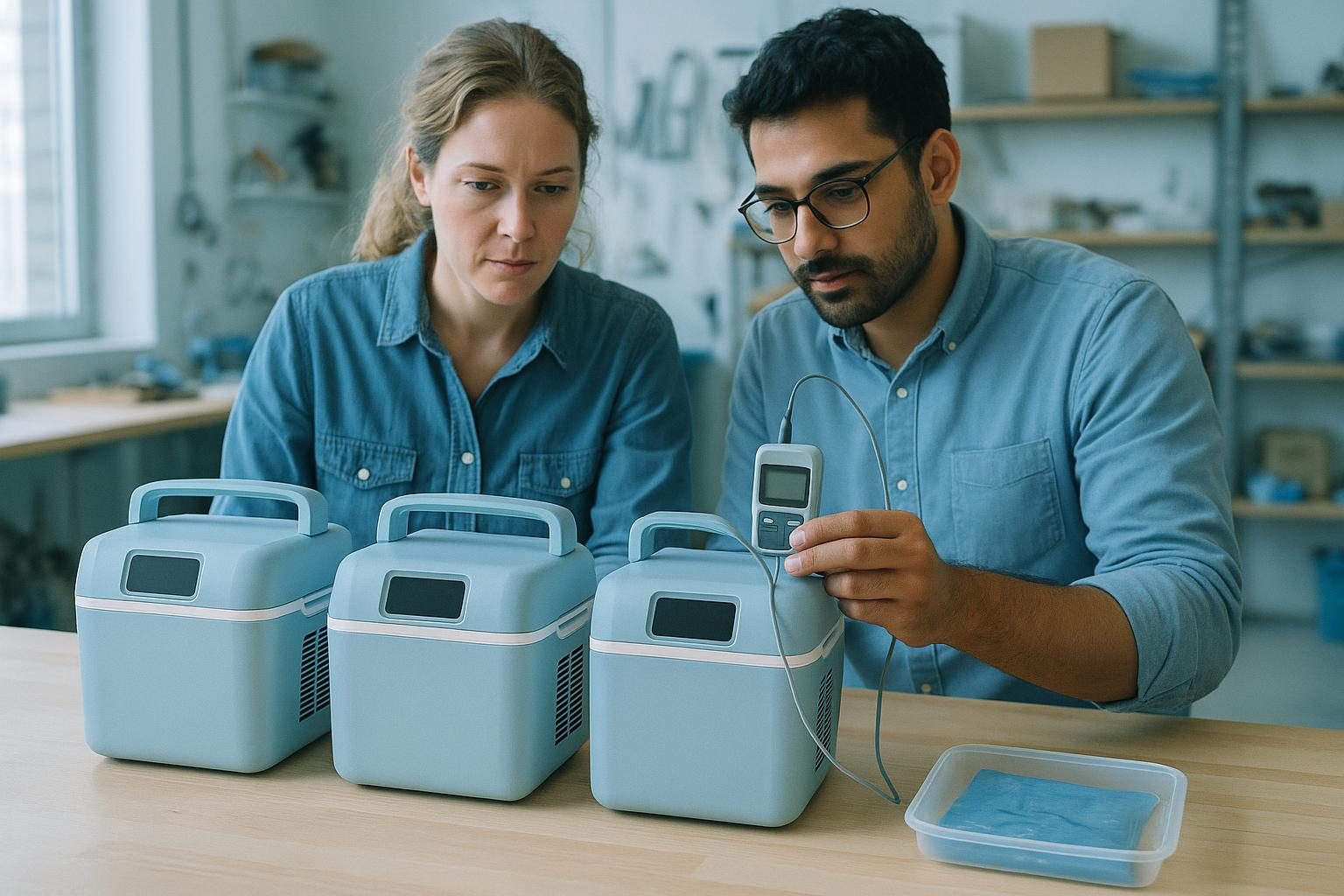 Twee collega's testen medicijnkoelers met een temperatuurlogger aan een werktafel