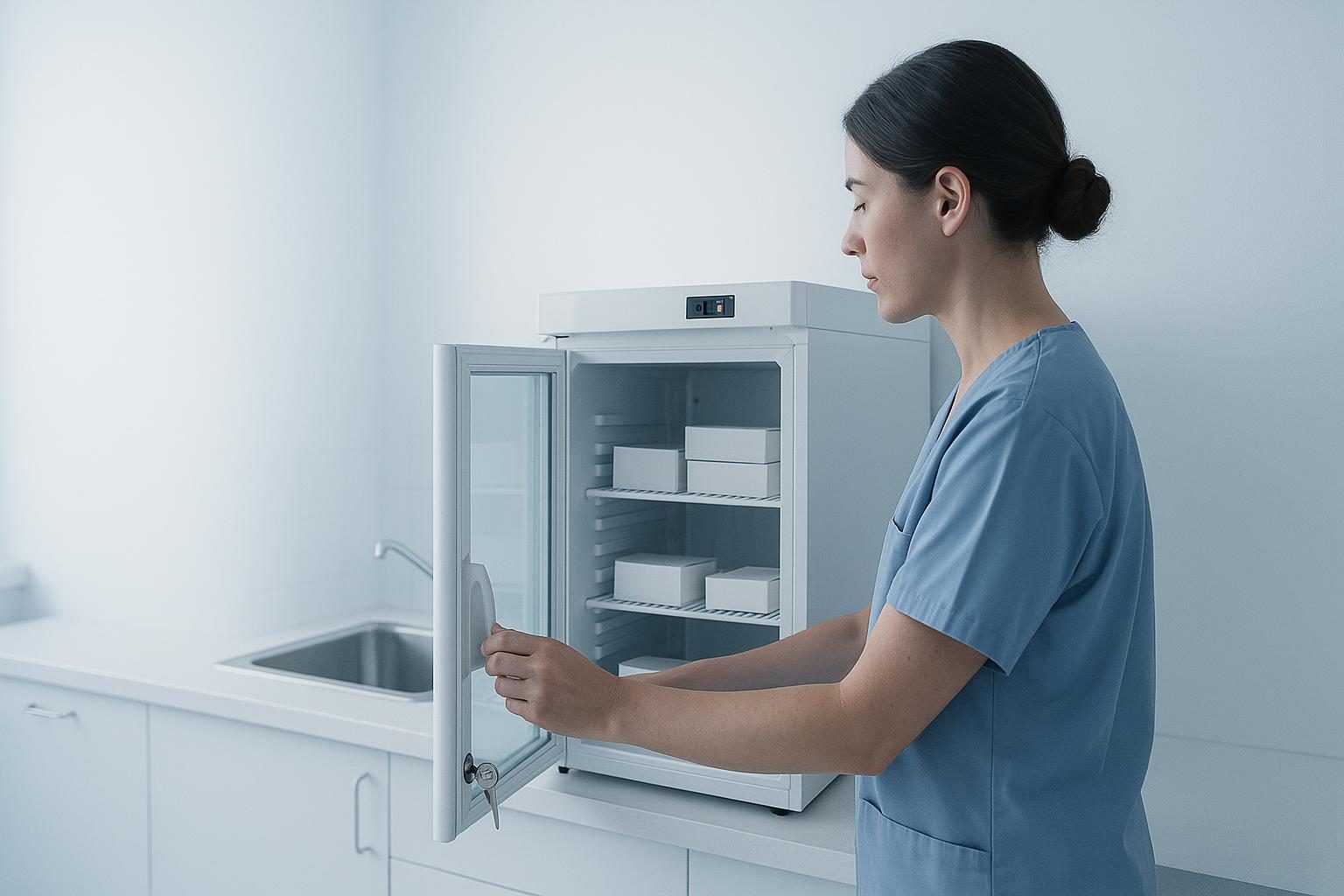 Medicijnkoelkast met glasdeur op een werkblad in een behandelkamer, met een zorgverlener die er iets uit pakt