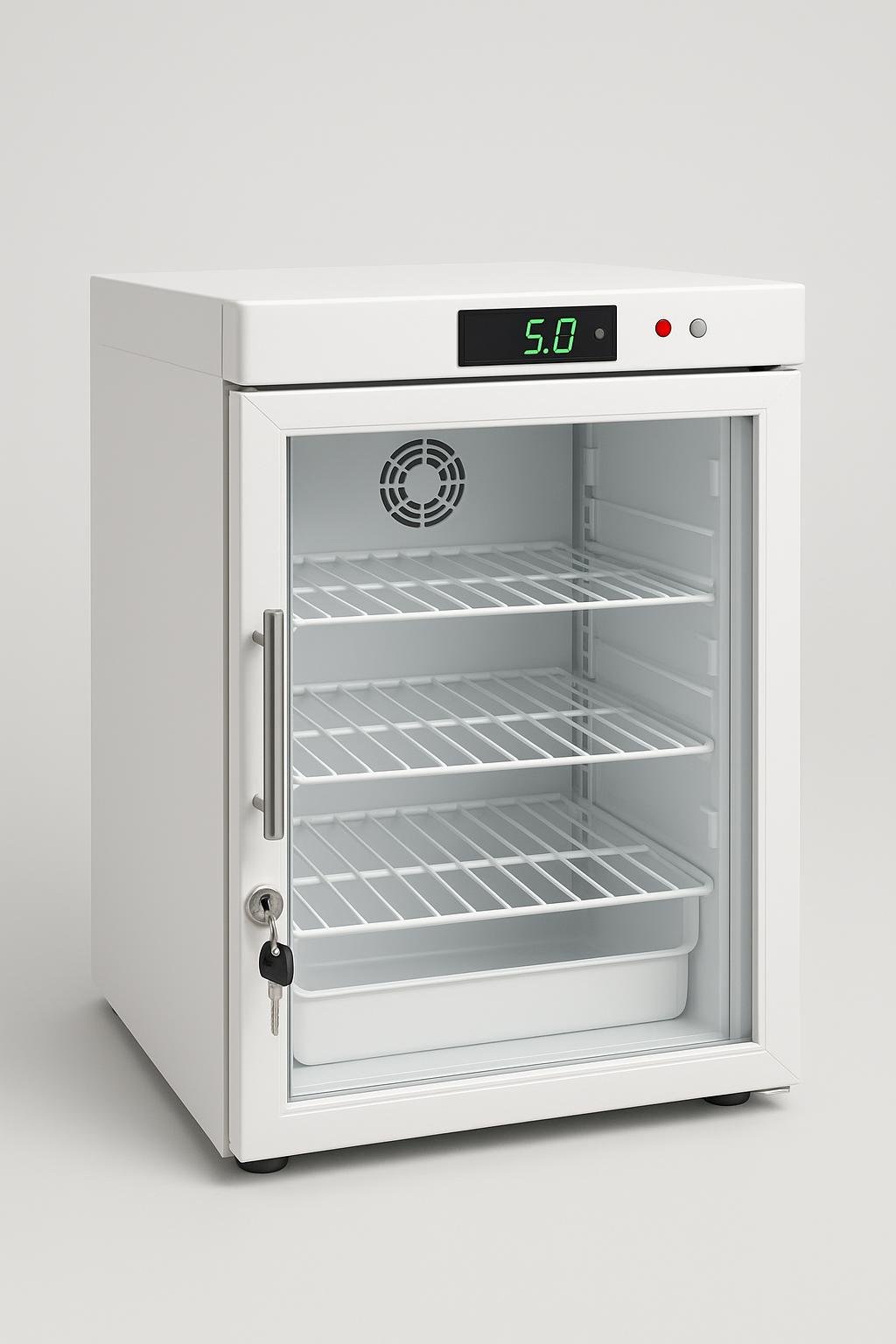 Tafelmodel medicijnkoelkast van 60 liter met glasdeur en een display dat 5,0 graden aangeeft